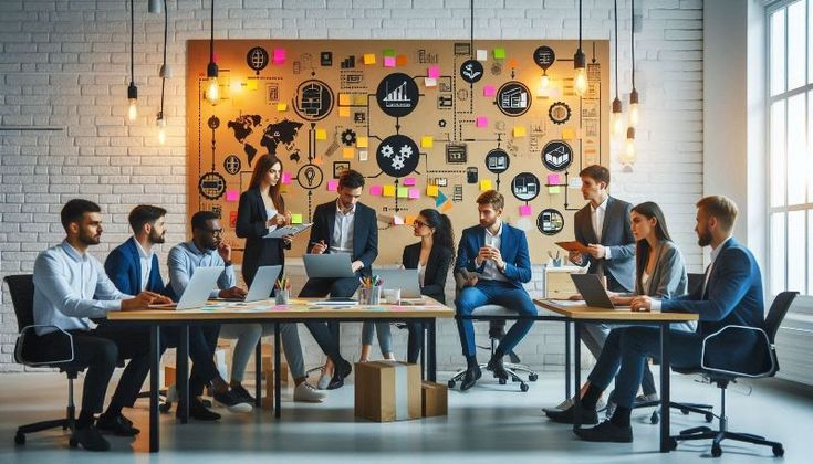 This contains an image of a group of people sitting around a table with laptops and papers in front of them