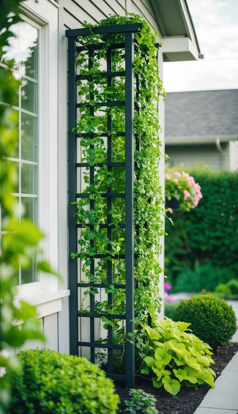 A trellis with climbing plants adorns the side of a house, creating a lush and vibrant landscaping feature