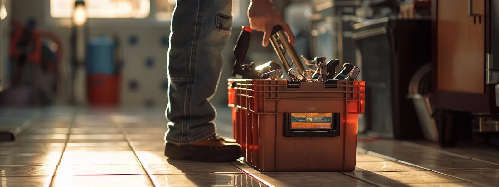 a hand holding a toolbox filled with shiny, well-organized plumbing tools on a clean, tiled floor.