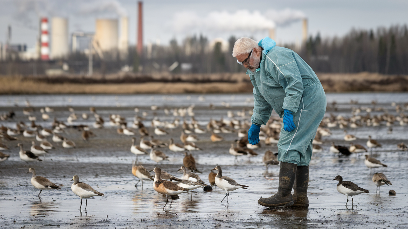 Create a realistic image of a barren wetland with numerous dead migratory birds scattered across the muddy shore, emphasizing the ecological impact of H5N1. Include a concerned-looking white male wildlife biologist in protective gear collecting samples, with factory smokestacks visible in the hazy background to suggest human encroachment on natural habitats.