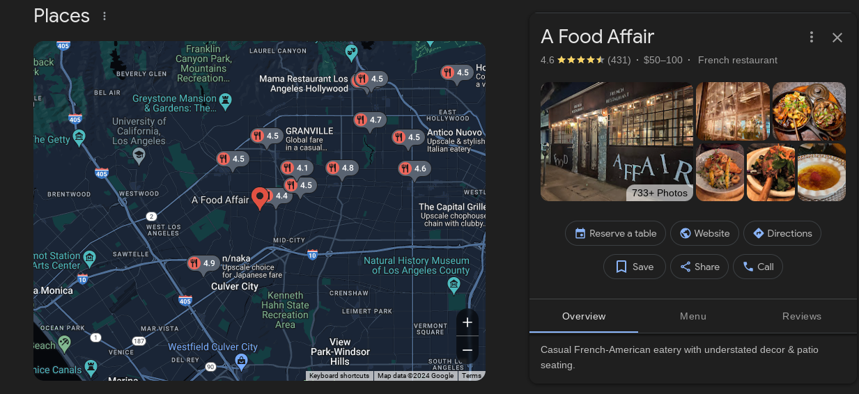 Places to eat in LA as and example for visibility in local seo