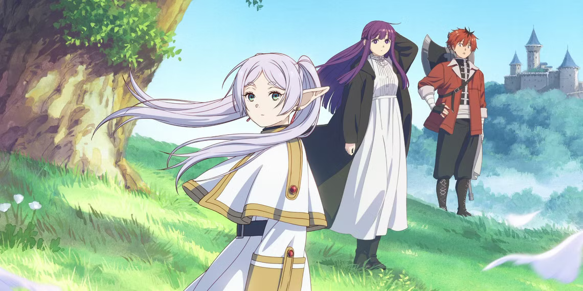 Frieren and her friends standing on a grassy hill