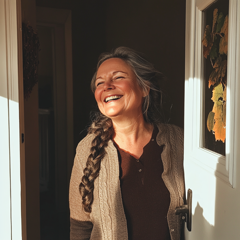 A woman standing in a doorway and laughing | Source: Midjourney