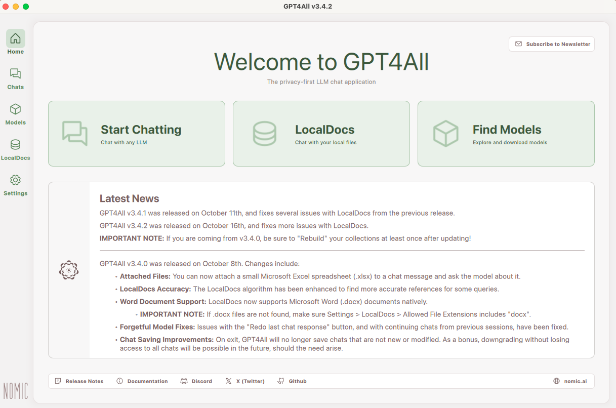 Launch screen of GPT4All with RAG for local docs. 