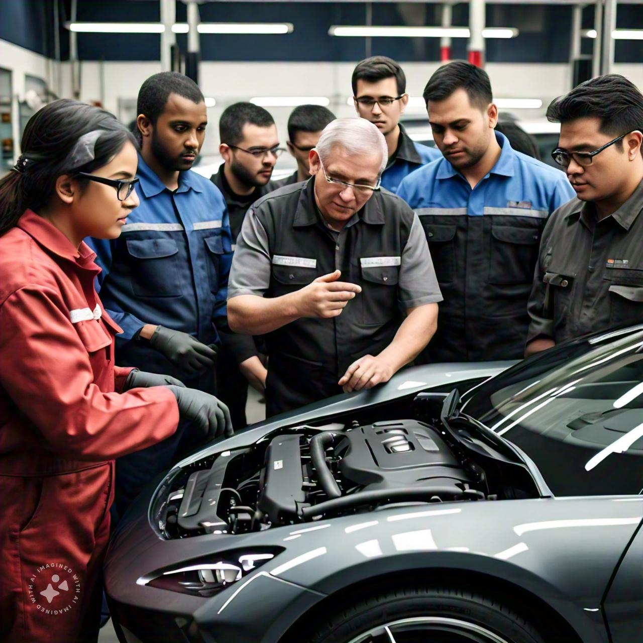 A group of people standing around a car<br />
<br />
Description automatically generated