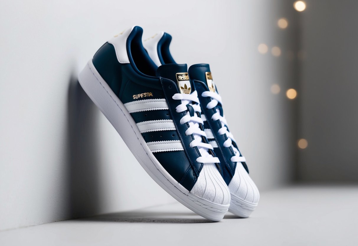 Um par de tênis Adidas Superstar em destaque contra um fundo limpo e minimalista, exibindo seu design clássico e atemporal.