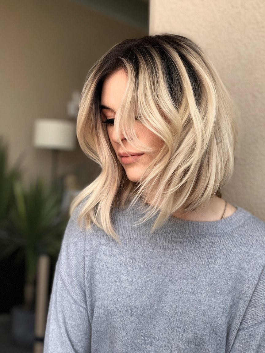 14. Blonde Lob With Dark Roots