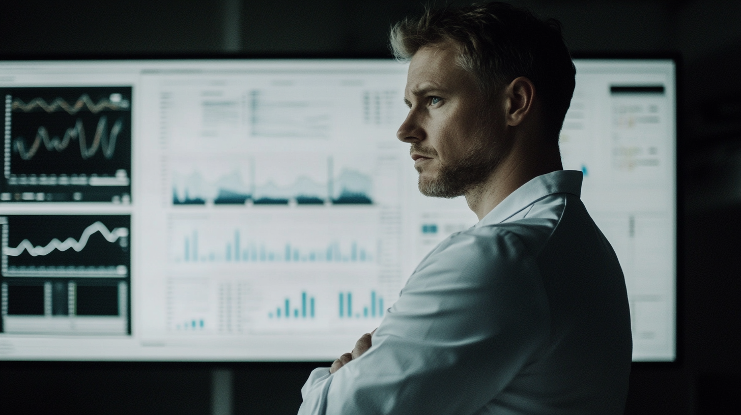 A man looking out of frame, insights on a screen in the background