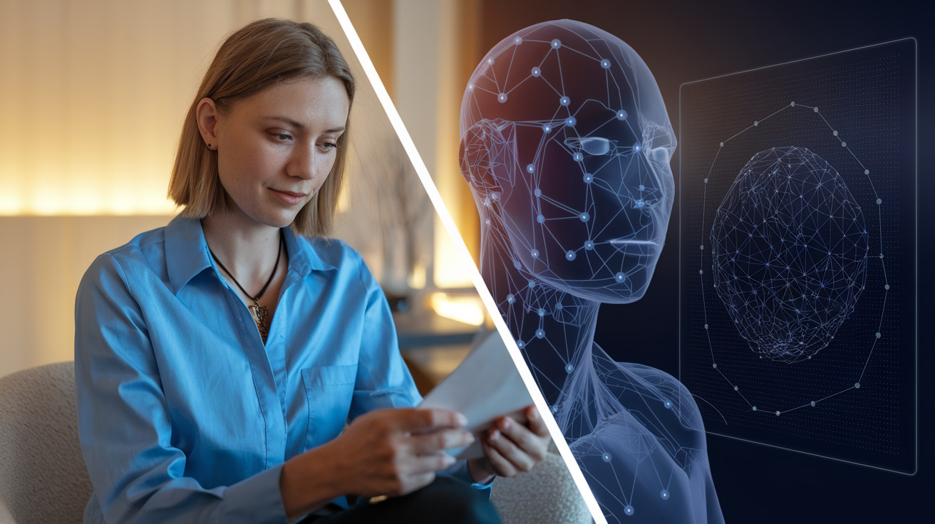 Create a realistic image of a split-screen view showing a white female therapist on one side and an AI interface on the other, both focused on a virtual patient file, with neural network patterns connecting the two halves, set in a modern office with soft, warm lighting, emphasizing the blend of human expertise and AI technology in mental health care.