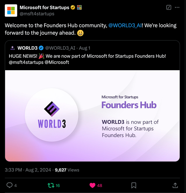 WORLD3 Joins Microsoft for Startups to bring AI Agents to Life in Web3