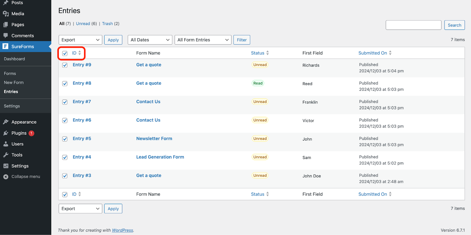 bulk export by clicking all checkboxes