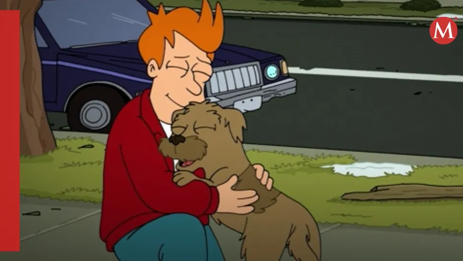 Fry abrazando a su perro Seymour en una escena emotiva de Futurama.