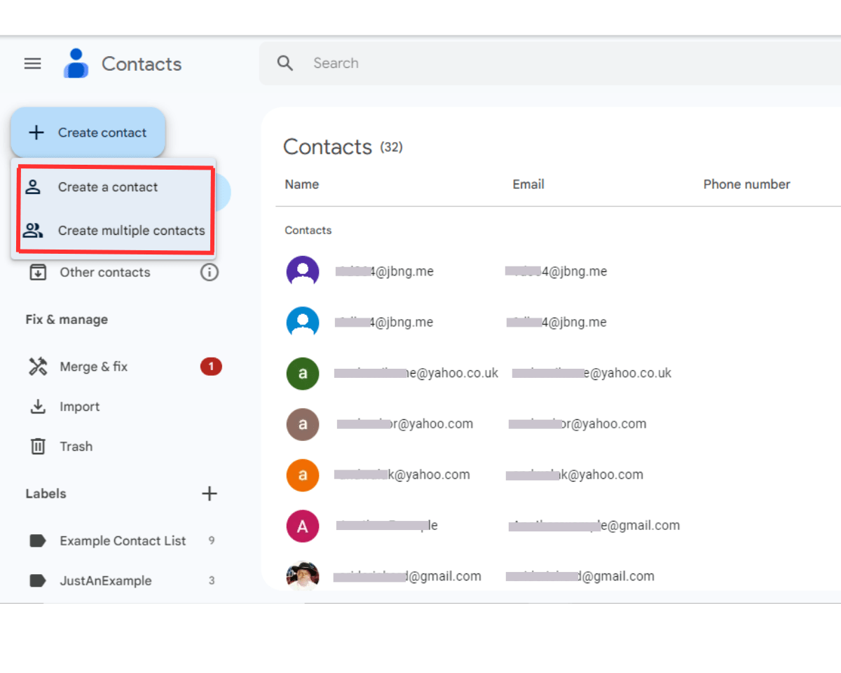 How to add contacts to Gmail: After clicking Create contact click Create a contact or Create multiple contacts