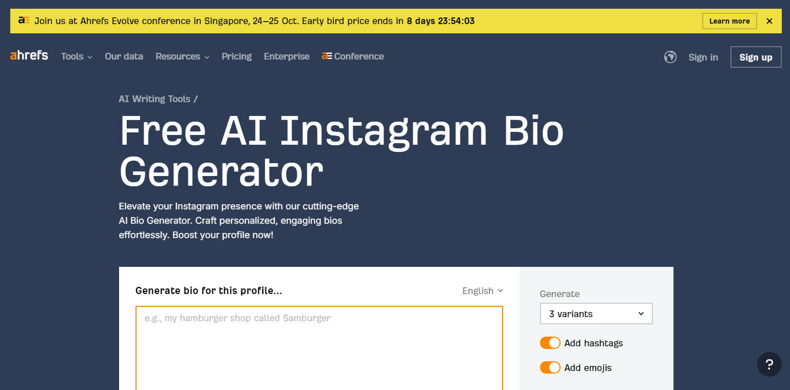 Ahrefs' Instagram Bio Generator