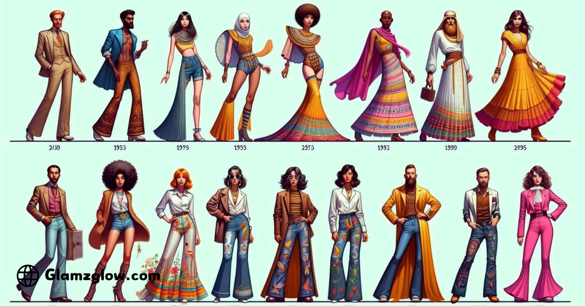 A stylized illustration depicting fashion trends through various decades and centuries. The image is divided into two rows with figures representing different eras. The top row showcases futuristic and historical fashion from 2110, 1953, 1975, 1985, 2375, 1992, 1999, and 2995. The outfits range from tailored suits and bell-bottom pants to elaborate, colorful gowns with futuristic elements. The bottom row highlights 1970s-inspired fashion with a mix of flared pants, wide lapels, vibrant patterns, and bold accessories, representing retro styles with a modern twist.