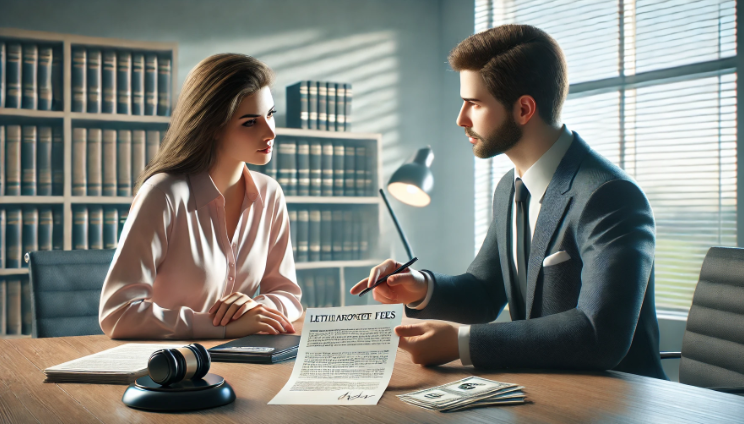 Lawyer discussing legal fees with a client in an office.