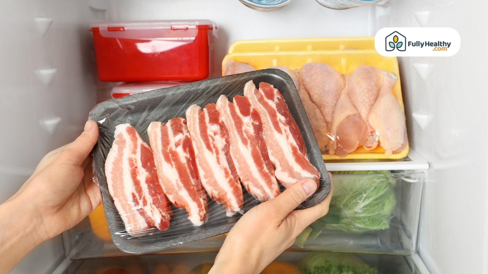 Woman taking a raw bacon from the fridge