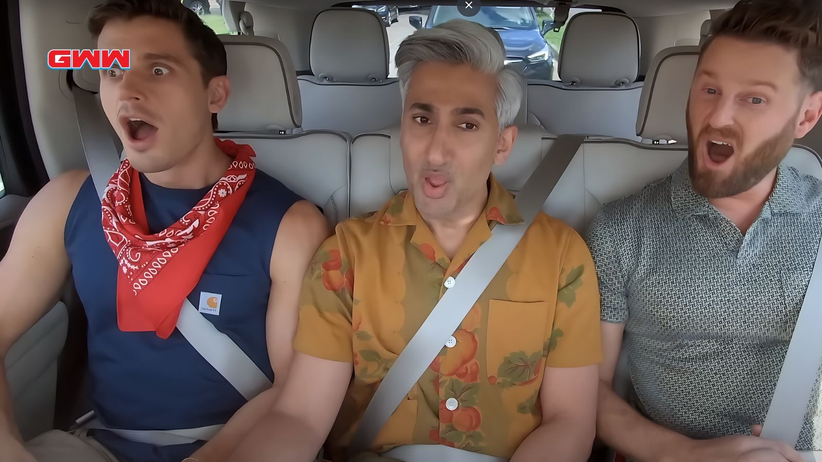 Queer Eye Fab Five reacting during a car ride transformation.