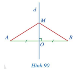 BÀI 9: ĐƯỜNG TRUNG TRỰC CỦA MỘT ĐOẠN THẲNGKhởi độngCâu hỏi: Hình 86 minh họa chiếc cân thăng bằng và gợi nên hình ảnh đoạn thẳng AB, đường thẳng d. Đường thẳng d có mối liên hệ gì với đoạn thẳng AB?Đáp án chuẩn:Đường trung trựcI. Định nghĩaBài 1: Quan sát Hình 87:a. So sánh hai đoạn thẳng IA và IBb. Tìm số đo của các góc I1=I2Đáp án chuẩn:a) =b) I1=90°,I2=90°.Bài 2: Cho tam giác ABC và M là trung điểm của BC. Biết AMB=AMC. Chứng minh AM là đường trung trực của đoạn thẳng BCĐáp án chuẩn:AM ⊥ BC tại trung điểm M của BCII. Tính chấtBài 1: Cho đoạn thẳng AB có trung điểm O, d là đường trung trực của đoạn thẳng AB, điểm M thuộc  d, M khác O (Hình 90). Chứng minh rằng:a. ΔMOA=ΔMOBb. MA = MBĐáp án chuẩn:a) ∆MOA = ∆MOB (2 cạnh góc vuông).b) MA = MB (2 cạnh tương ứng).Bài 2: Hình 91 mô tả mặt cắt đứng của một ngôi nhà với hai mái là OA và OB, mái nhà bên trái dài 3m. Tính chiều dài mái nhà bên phải biết rằng điểm O thuộc đường trung trực của đoạn thẳng AB.Đáp án chuẩn:3 m.Bài 3: Cho đoạn thẳng AB có trung điểm O. Giả sử M là một điểm khác O sao cho MA = MB.a. Hai tam giác MOA và MOB có bằng nhau hay không? Vì sao?b. Đường thẳng MO có là đường trung trực của đoạn thẳng AB hay không? Vì sao?Đáp án chuẩn:a) ∆MOA = ∆MOB (c - c - c).b) CóBài 4: Cho tam giác ABC cân tại A.a. Điểm A có thuộc đường trung trực của đoạn thẳng BC hay không? Vì sao?b. Đường thẳng qua A vuông góc với BC cắt canh BC tại H. Đường thẳng AH có là đường trung trực của đoạn thẳng BC hay không? Vì sao?Đáp án chuẩn:a) Có.b) CóIII. Vẽ đường trung trực của một đoạn thẳngIV. Bài tập