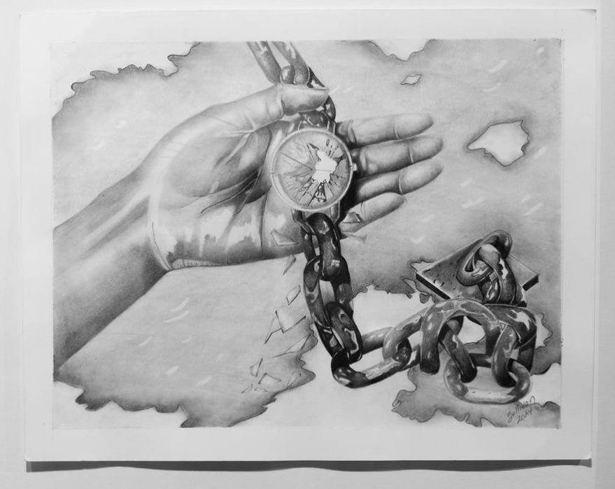 Image: Broken Time by Mike Sullivan, 2024. A drawing of a hand holding a broken watch which has a chain link connected to its back. The chain runs down and ends at an anchor in the base of the drawing. Broken Time was previously installed at More Beautiful, More Terrible: Human of Life Row, an exhibition co-organized by the Prison+Neighborhood Arts/Education Project Think Tank and Beyond Prisons at the Center for the Study of Race, Politics & Culture at Co-Prosperity in the Bridgeport neighborhood of Chicago. Website: humansofliferow.com. Photograph by Olivia Mikolai Ridge, 2024.