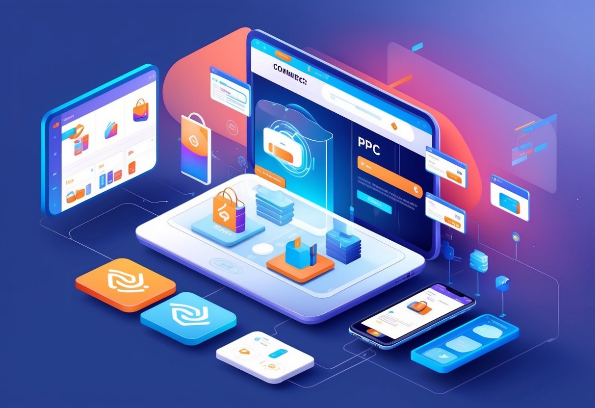 A futuristic e-commerce store with advanced PPC strategies, featuring high-tech visuals and seamless user experience