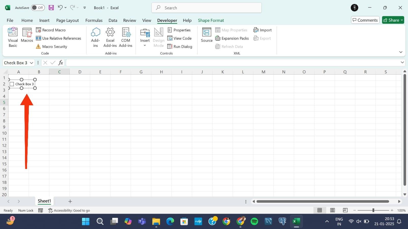 How to Insert Checkbox in Excel: crosshair icon