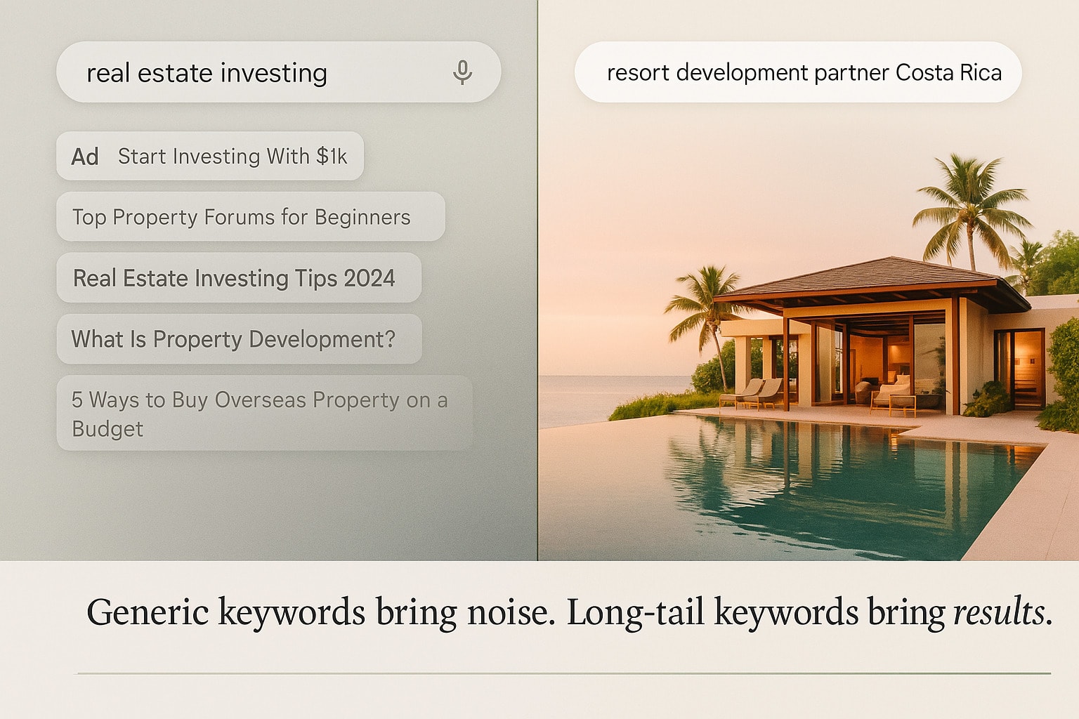 Split-screen search results comparing generic keyword “real estate investing” with the long-tail phrase “resort development partner Costa Rica.” Demonstrates how long-tail SEO for real estate investors drives more qualified traffic.