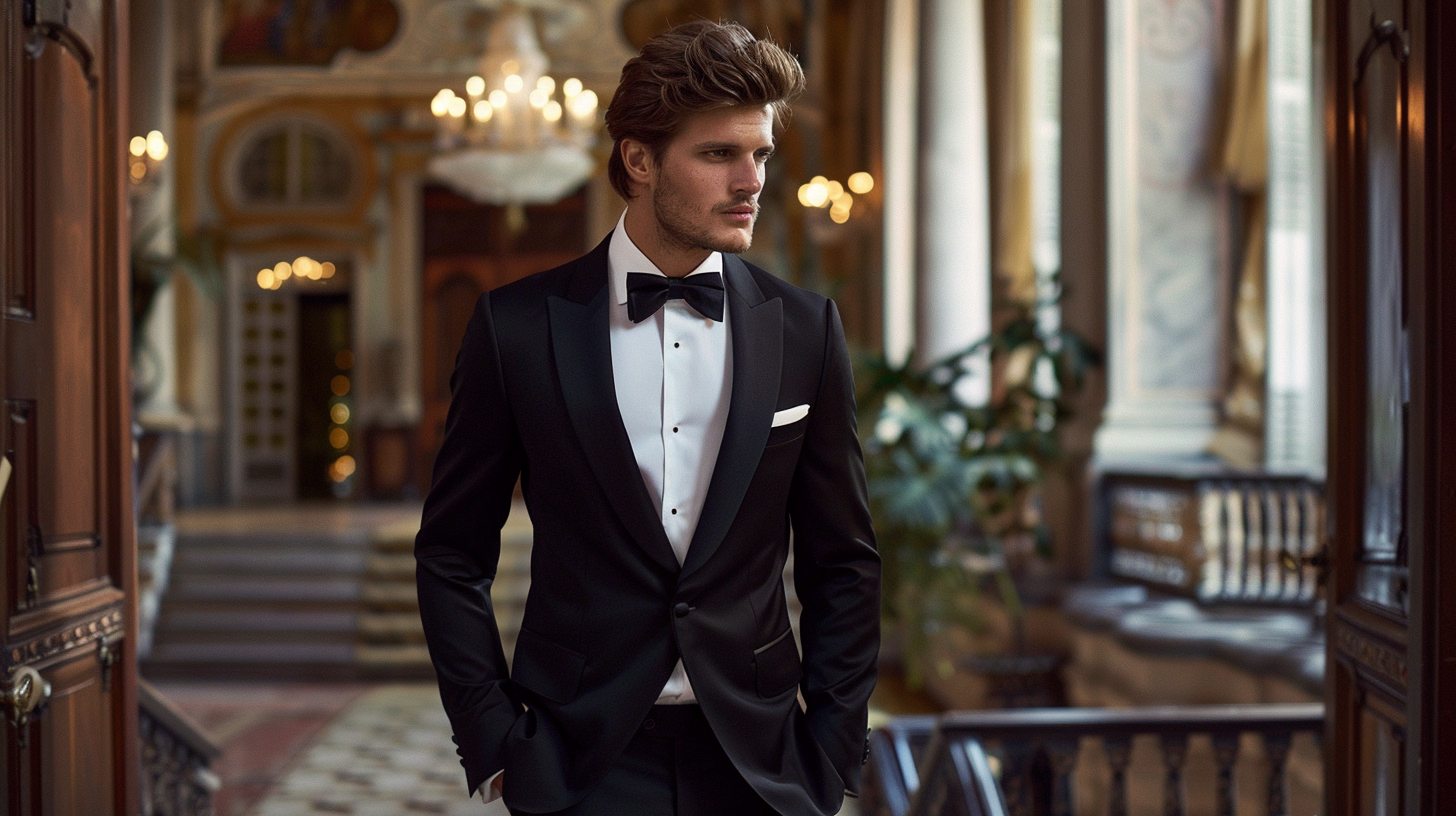 Man in a classic black tuxedo with satin lapels and black bow tie, white dress shirt, polished shoes, posed in an elegant evening wedding venue. Timeless and formal look.