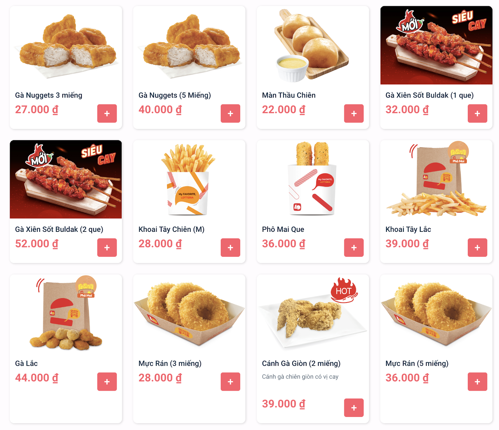 Menu Lotteria: đồ ăn nhẹ