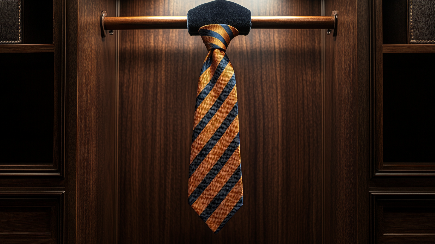 A stylish striped tie hanging inside a modern wooden wardrobe. The pattern alternates between dark and light shades, with soft lighting emphasizing its texture. The tie drapes neatly over a velvet hanger, framed by dark wooden panels for a refined and polished setting. The background remains minimal to focus on the tie.