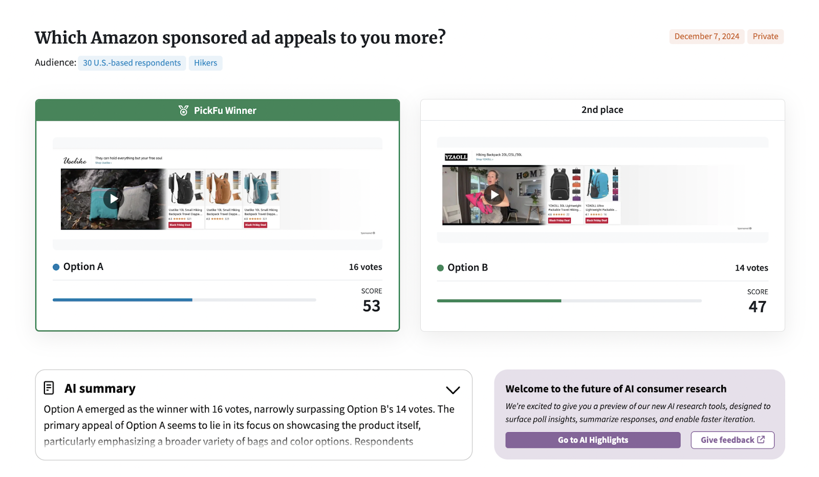 Image of a sponsored amazon Ad comparison done by PickFu, A vs. B test. 