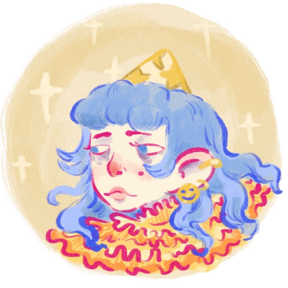 author icon for mad sparrow shows a person with blue hair, a ruffly orange shirt, and a yellow conical hat