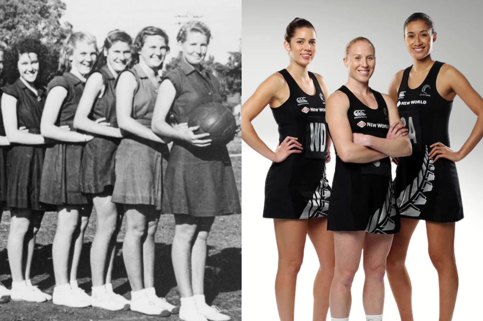 images of vintage netball uniforms and the modern netball uniform side by side.