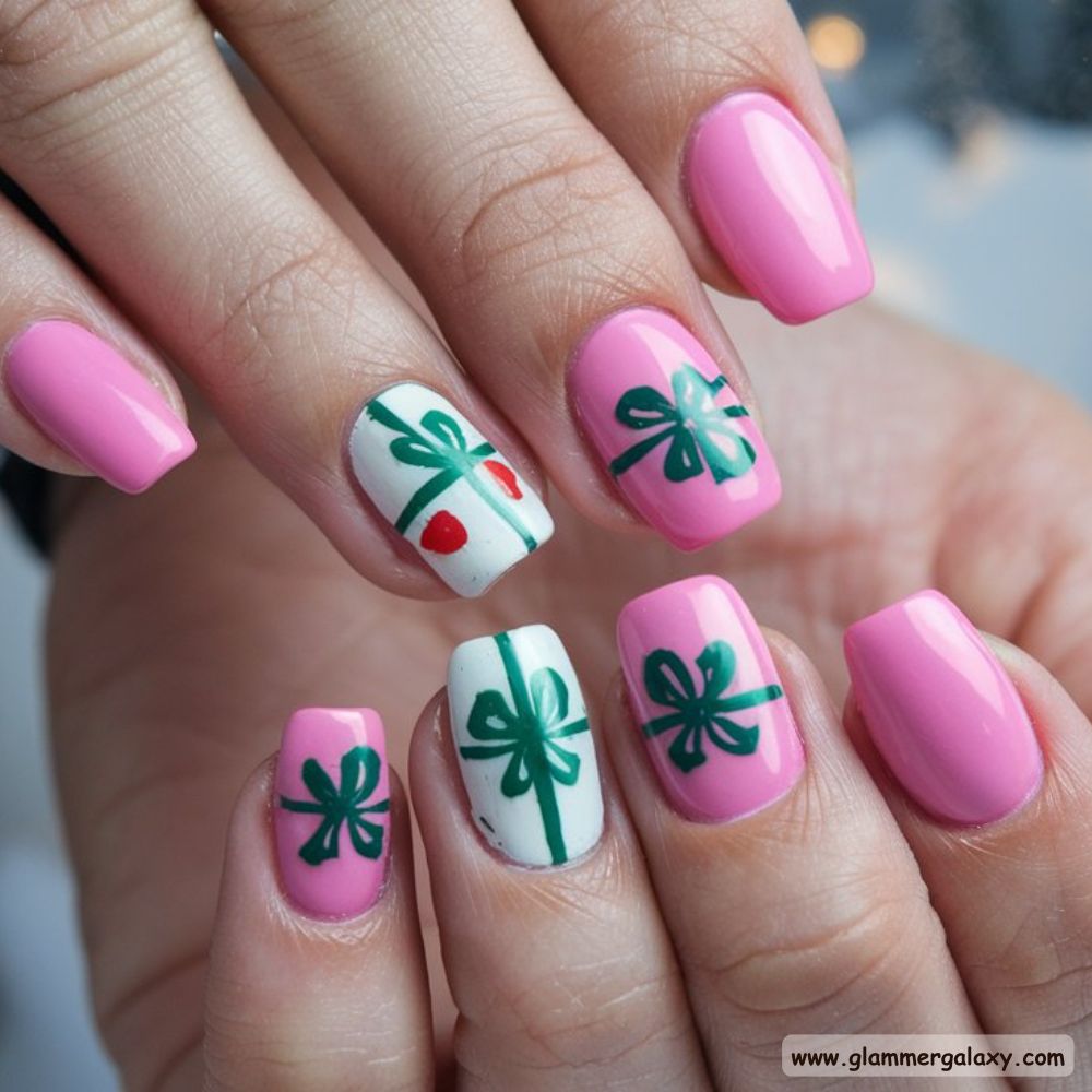 Pink Christmas Nails having Personalized Gift-Inspired Nails
