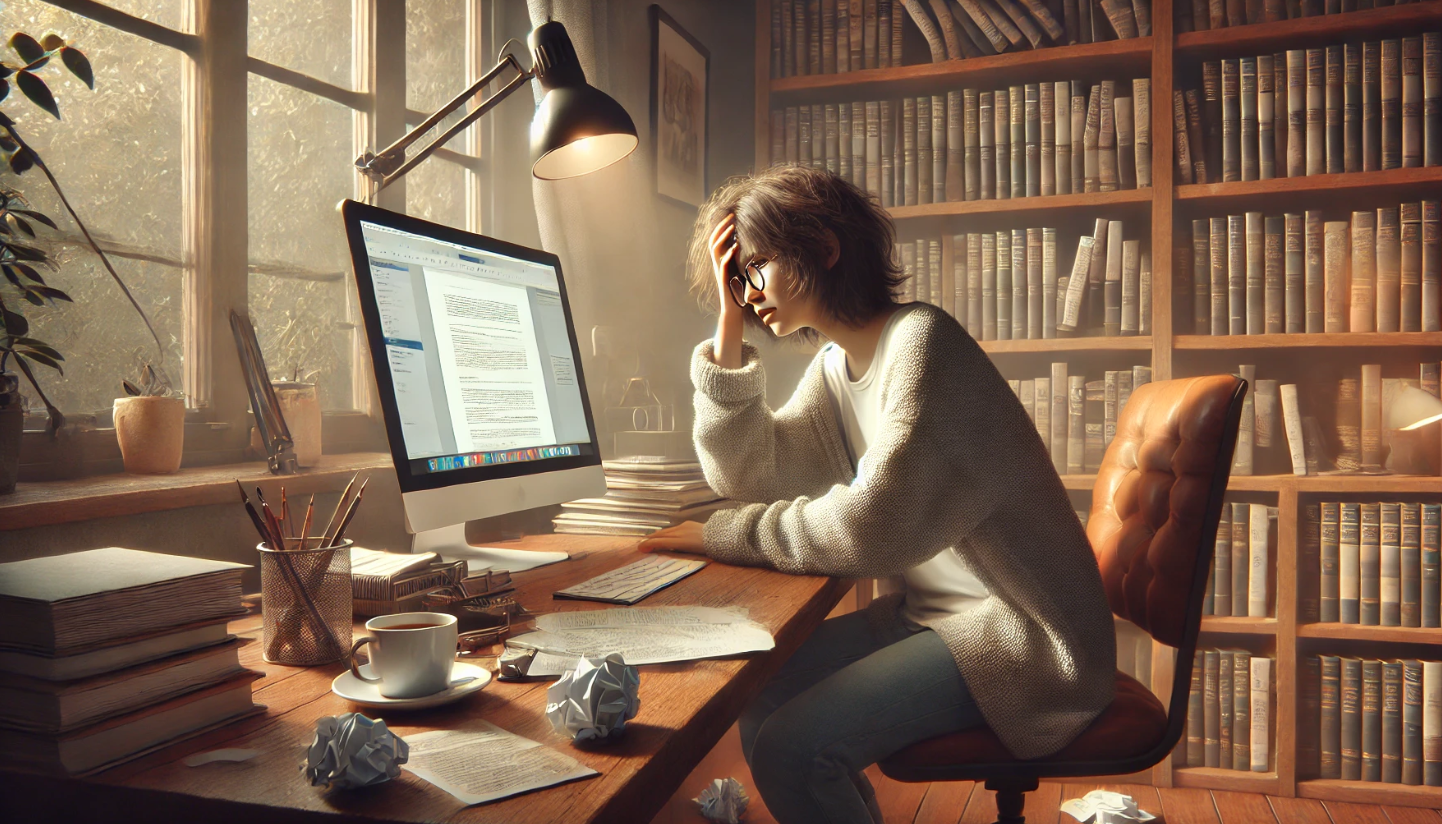 A frustrated author sits at their desk in a cozy home office, hands on their head while staring at a computer screen. Bookshelves filled with books line the background, a cup of coffee rests nearby, and crumpled papers are scattered on the desk, creating a moody yet creative atmosphere.