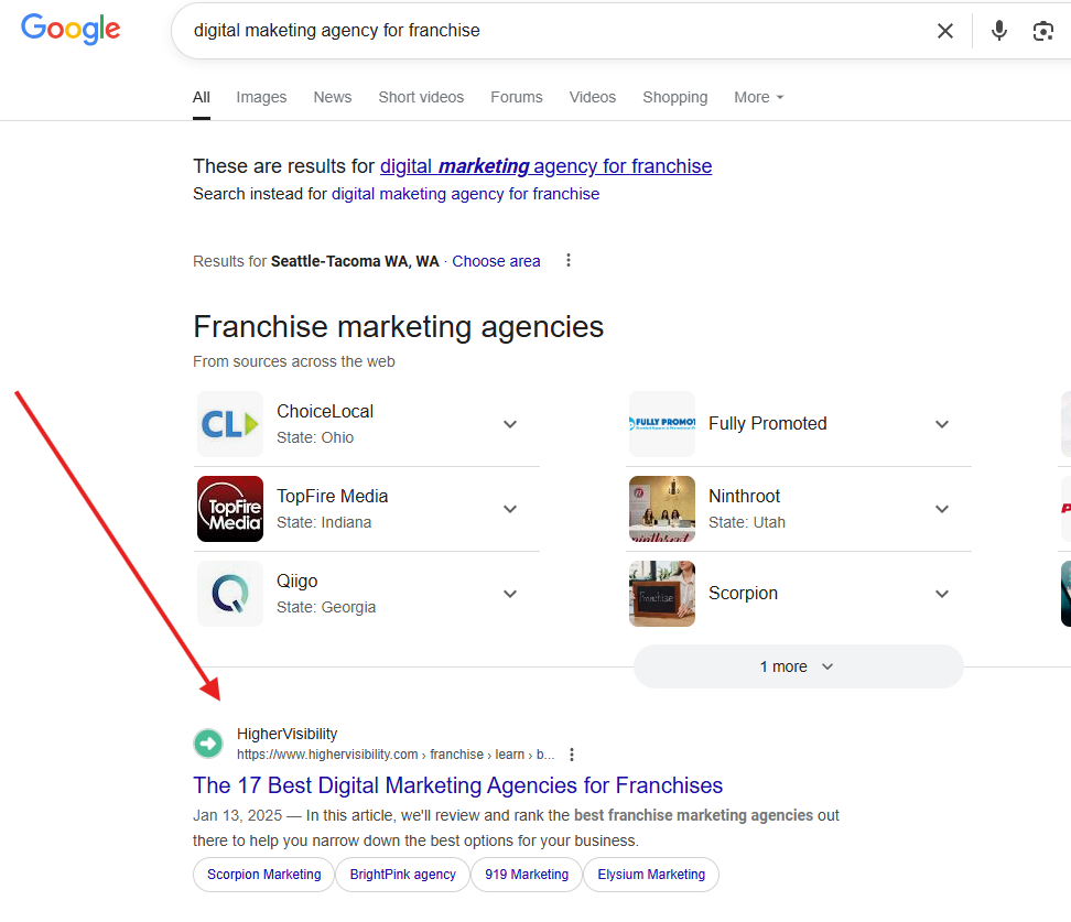 HigherVisibility ranks no. 1 for the query "marketing agency for franchises"