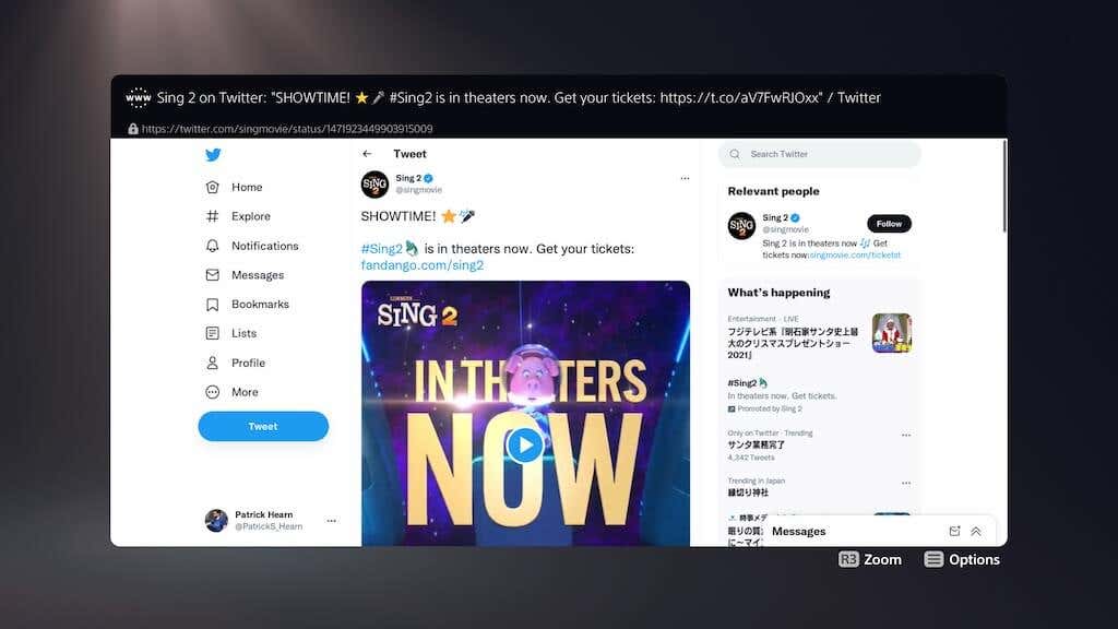 PS5 built-in browser displaying a tweet from Twitter (formerly X).