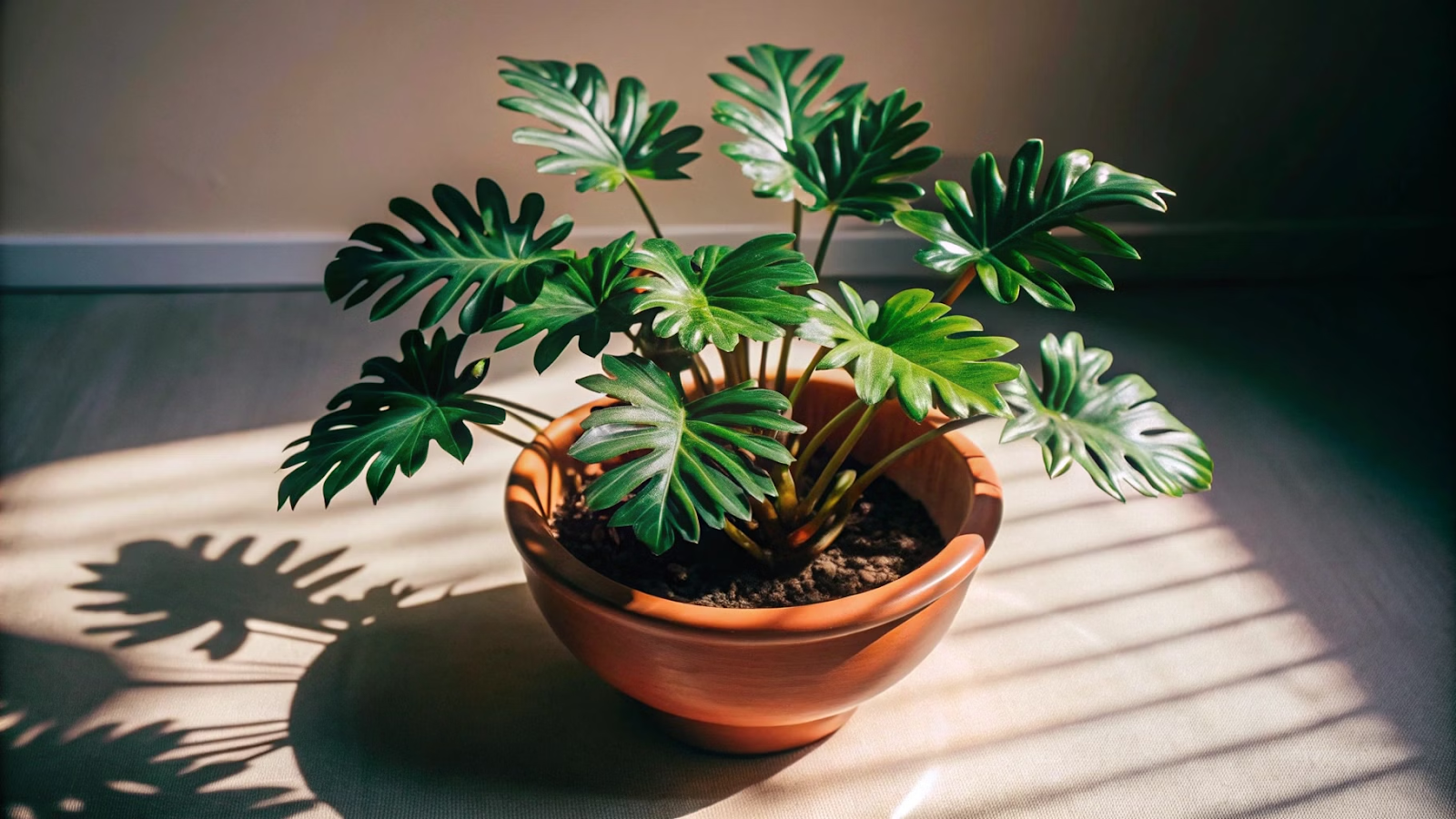 Vista superior de uma planta  Filodendro Xanadu em vaso com folhas simétricas e iluminação suave.