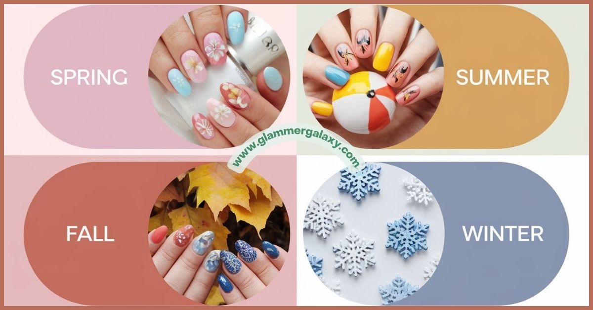 Four images showcasing different nail art designs inspired by each season: spring with flowers, summer with beach balls, fall with leaves, and winter with snowflakes.