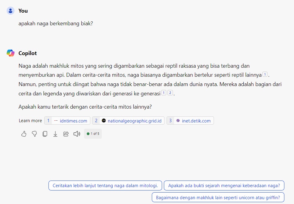 Hasil dari “apakah naga berkembang biak” di Microsoft Copilot.