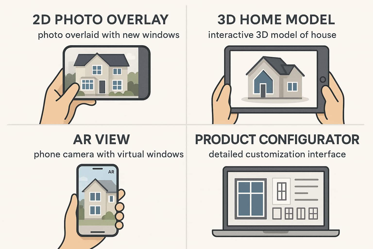 Comparison of 2D, 3D, AR and product configurator visualization tools for generating exclusive window installation leads.