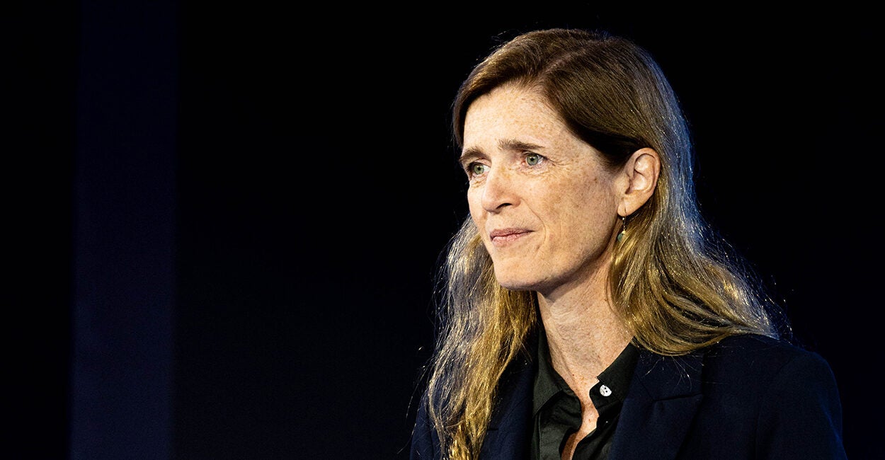 USAID Administrator Samantha Power in front of a dark background