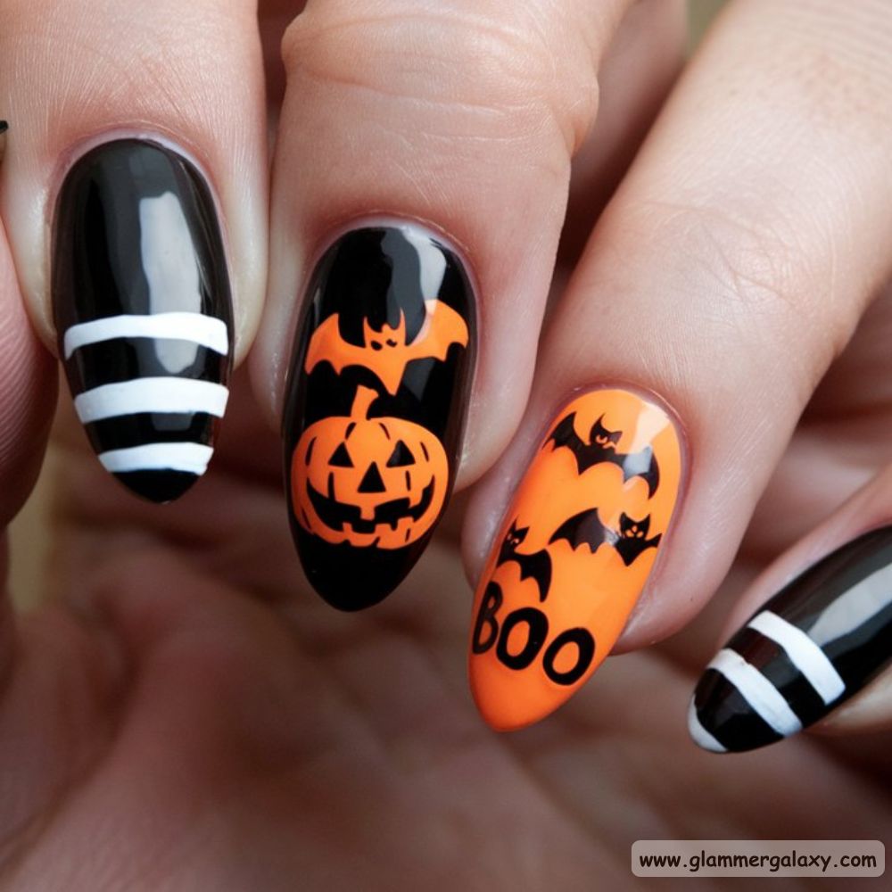 Almond Shaped Nails having Spooky Halloween Themes