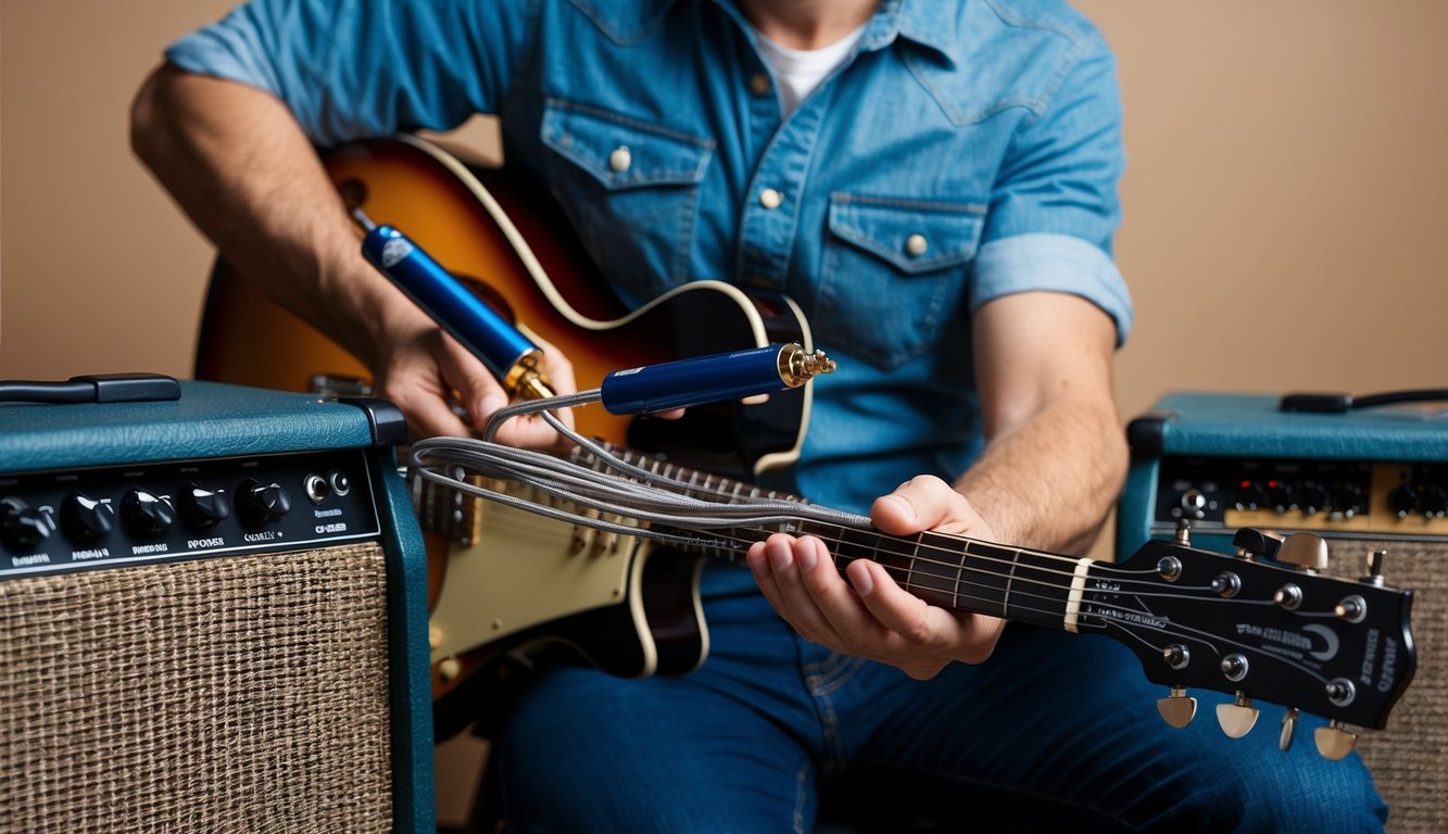 A guitarist swaps out a low-quality cable for a high-quality one, noticing a significant improvement in tone and clarity as they play through their amplifier