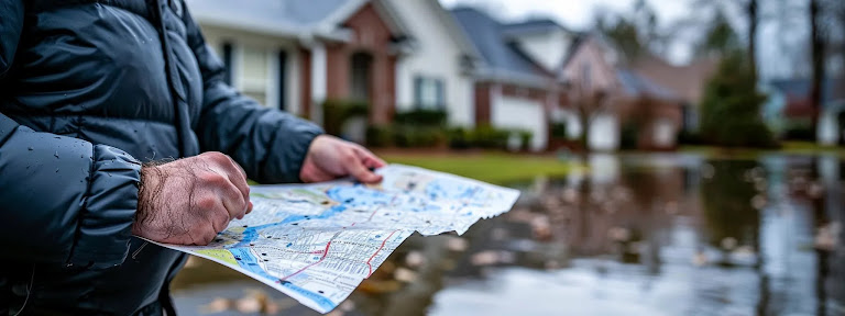 a person examining a flood map of georgia to assess their property's risk level.