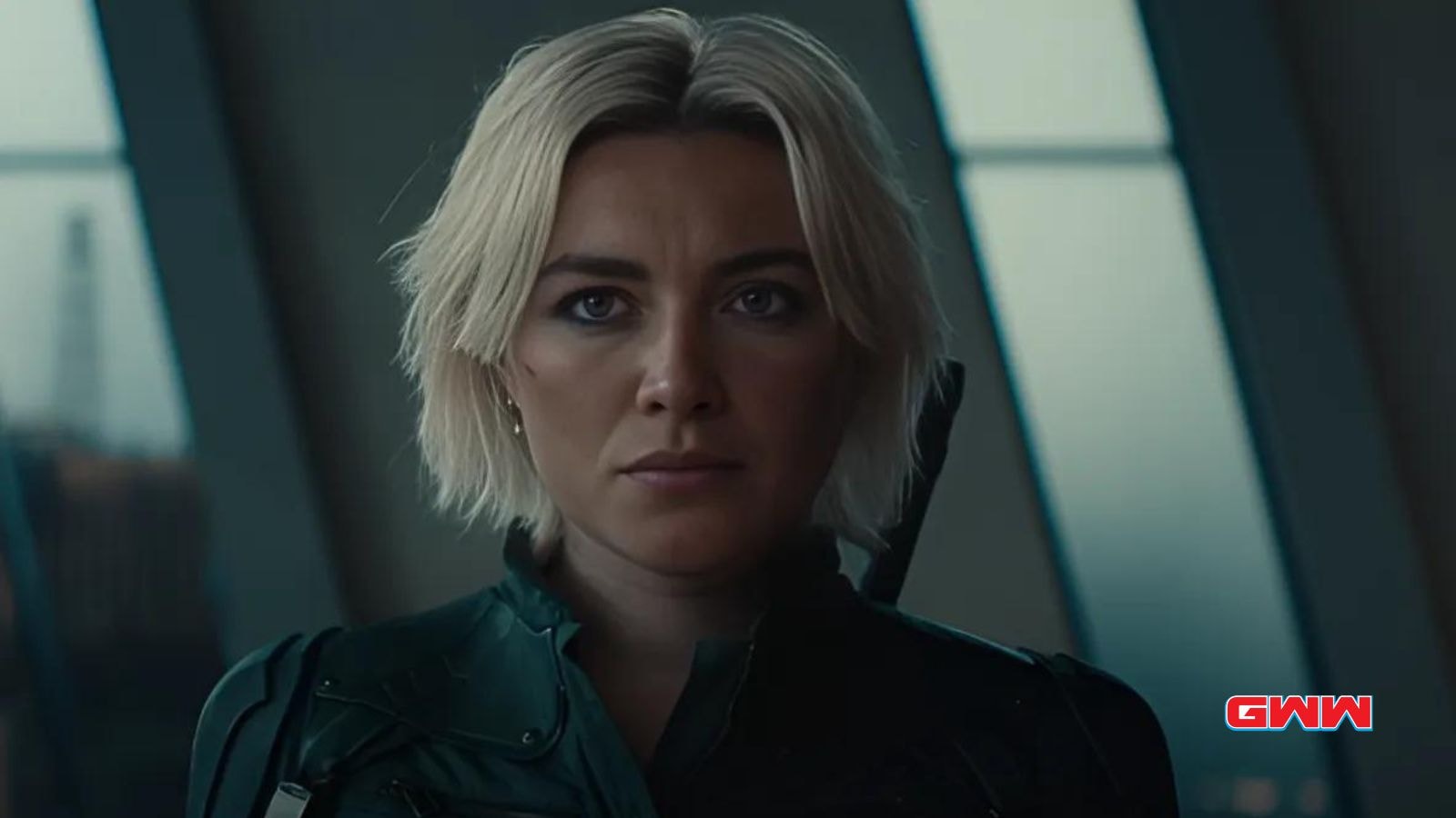 Florence Pugh as Yelena Belova in a determined stance in Thunderbolts