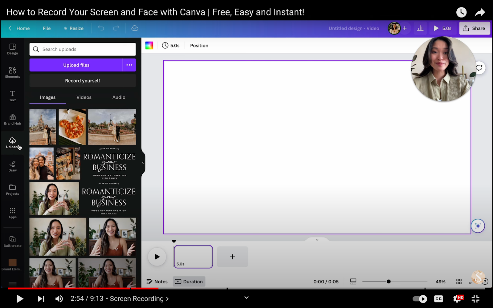 Open up your canvas to start recording your screen and face with Canva.