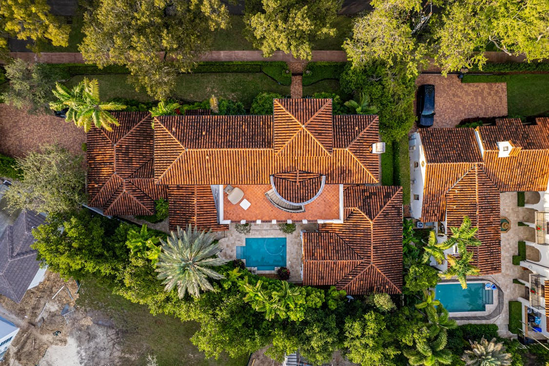 roofs of houses with pools