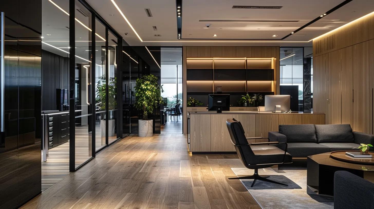a sleek, modern office space displays a split design showcasing half a luxurious remodel with contemporary finishes and the other half featuring a classic renovation with traditional elements, illuminated by sharp, artificial lighting to highlight the contrasts.