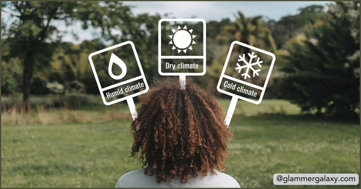 Person with curly hair, signs depicting sun, water drop, and snowflake symbolizing climate impact on hair.